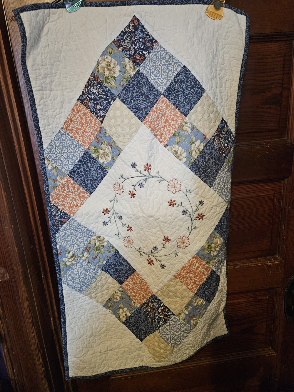 Pair Of Floral Patchwork Quilted Pillow Case in Blue, White & Peach